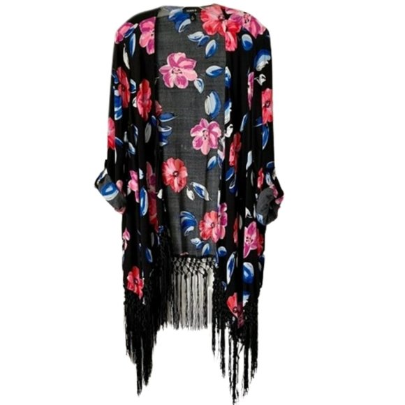Torrid Open Floral Fringed Cardigan Roll Tab Sleeves - 2X - Picture 2 of 11